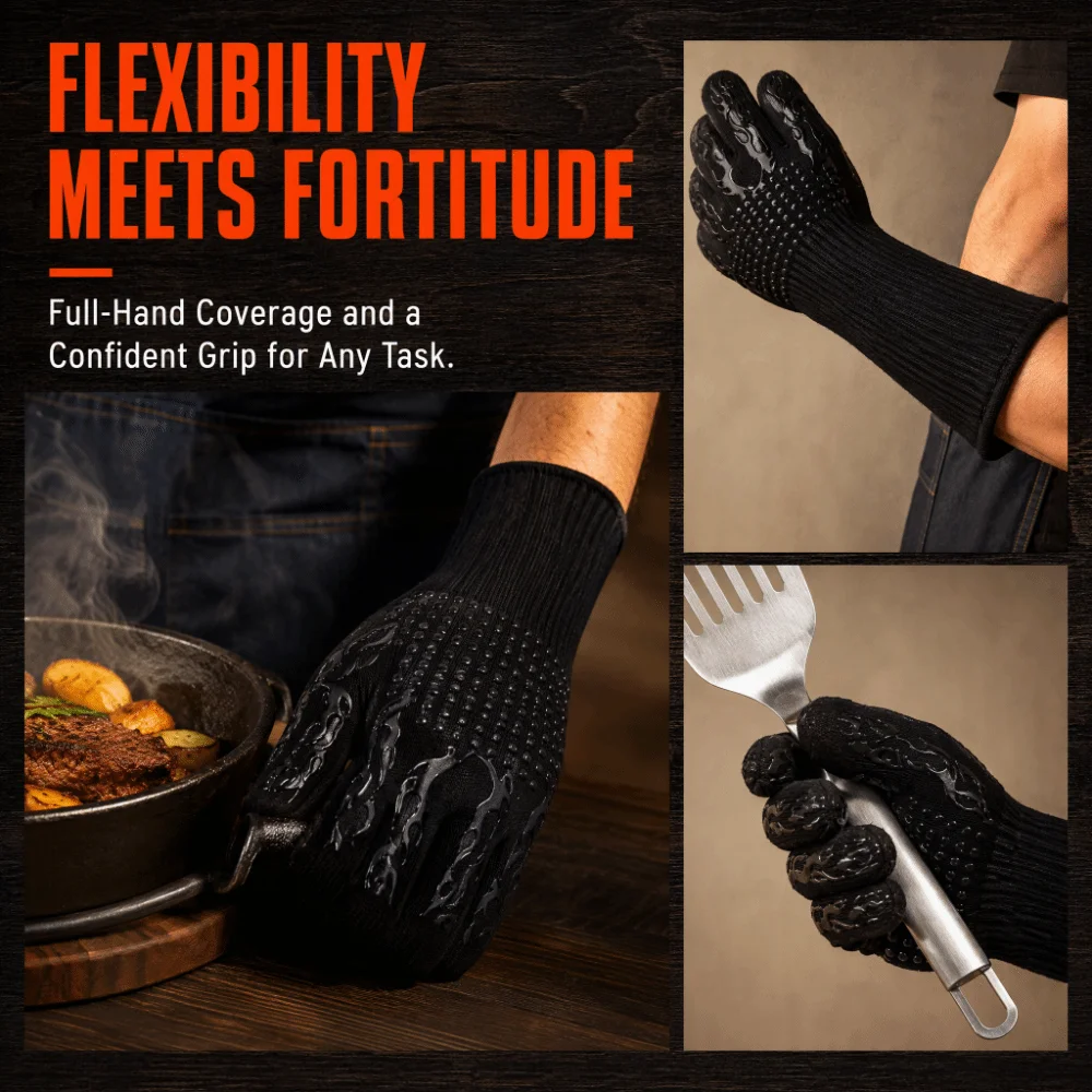 2PCS 800°C /1472°F BBQ Grilling Glove Inner Layer Cotton Outer Flame Retardant Yarn+Silicone Heat Resistant Glove Non Slip