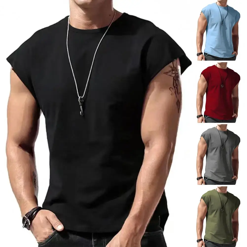 Men Sleeveless Solid Vest Tops Casual Sports Fitness Gym Muscle Tee Tank T-Shirt Solid Color Round Neck Pullover Tank Tops