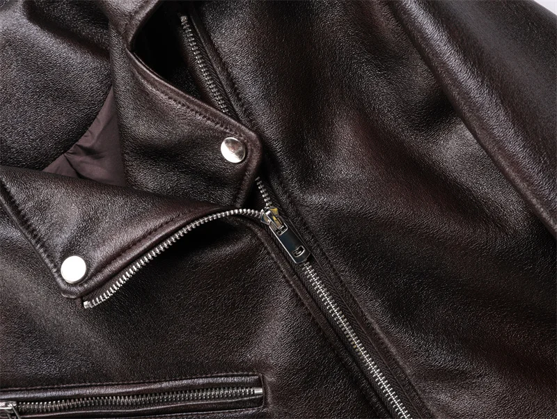 Dark brown Coal graysty le Women\'s washed leather jacket with belt, short coat with downgraded zipper and vintage lapel jacket