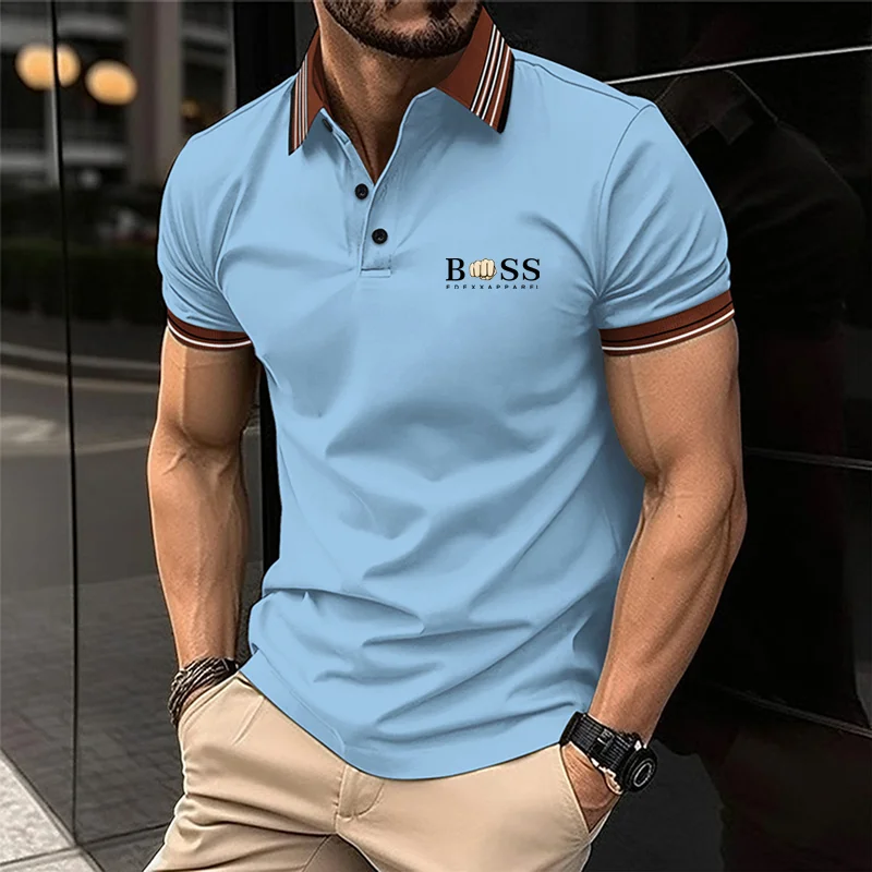 Summer new men\'s casual short sleeved fashionable business polo shirt printed collar T-shirt men\'s breathable polo shirt men\'s c