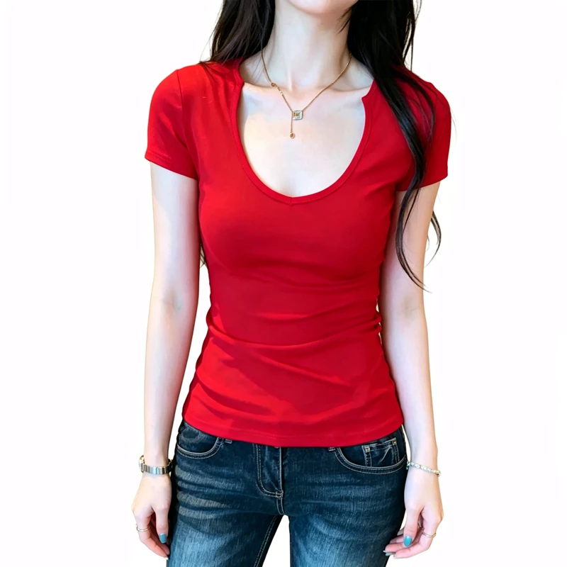 Women's Cut Deep U Neckline Short Sleeved Fit T-shirt