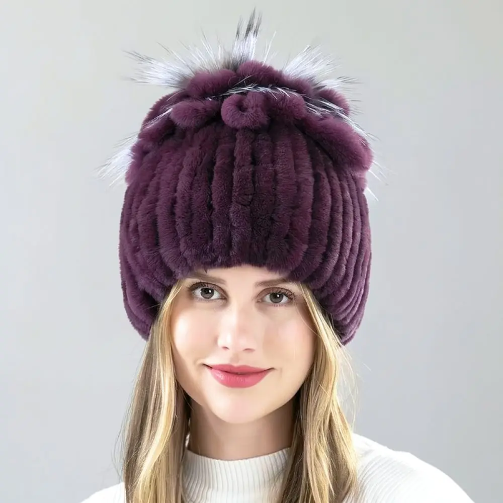 Womens Winter Fur Hat Thickened Real Rex Rabbit Fox Hair Beanies Warm Knitted Soft Elastic Fashion Casual Outdoor Headgear
