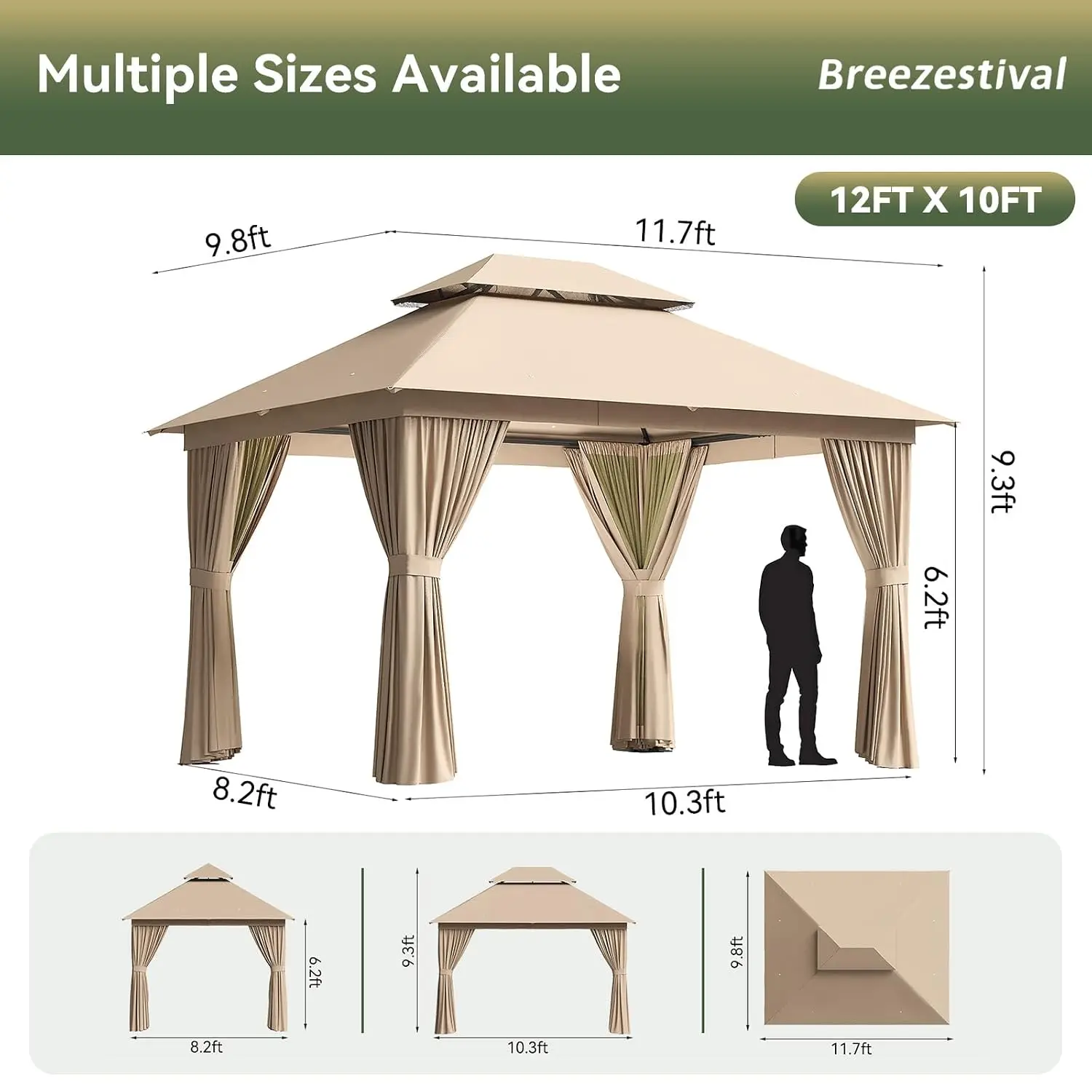12'x10' Gazebo Metal Frame Double Roof Beige Heavy Duty Mosquito Netting Privacy Screen Patio Backyard, Customized