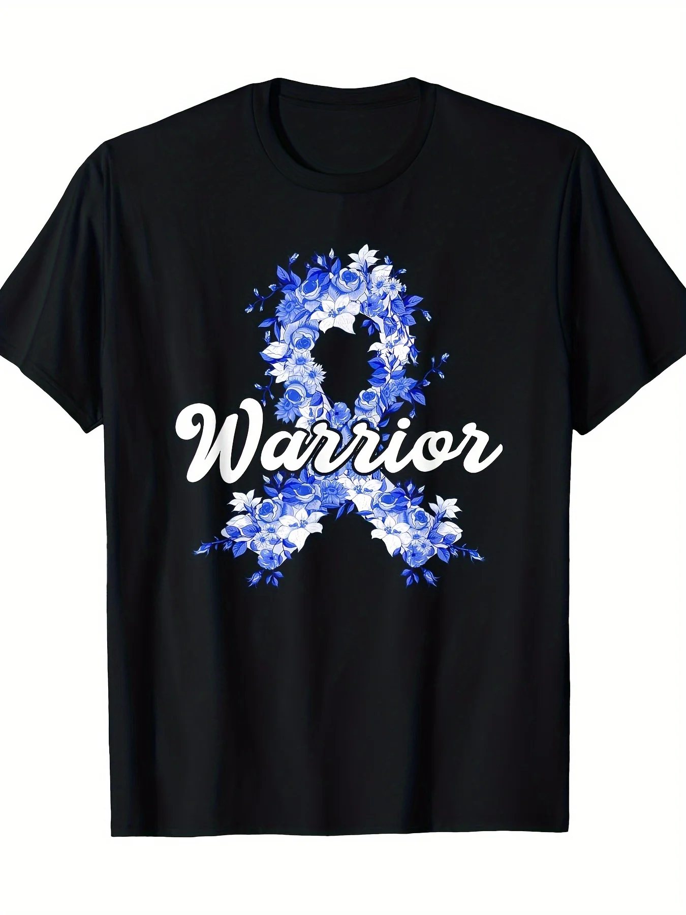 Men'S Warrior Tribute Cotton T-Shirt-Soft Breathable Casual Street Style with Floral Ribbon Design,Black with Blue Print