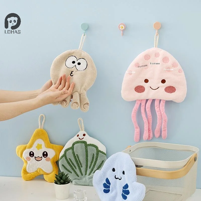 1Pcs Cartoon Marine Organism Hand Towel Quick Drying Kitchen Towel Cleaning Rag Coral Velvet Absorbent Hanging Towel Bathroom