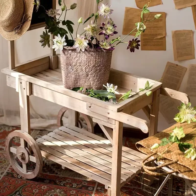 Antique Wooden Flower Cart Flower Rack Shelf Florist Decorative Display Rack Courtyard Vintage Decorative Trolley