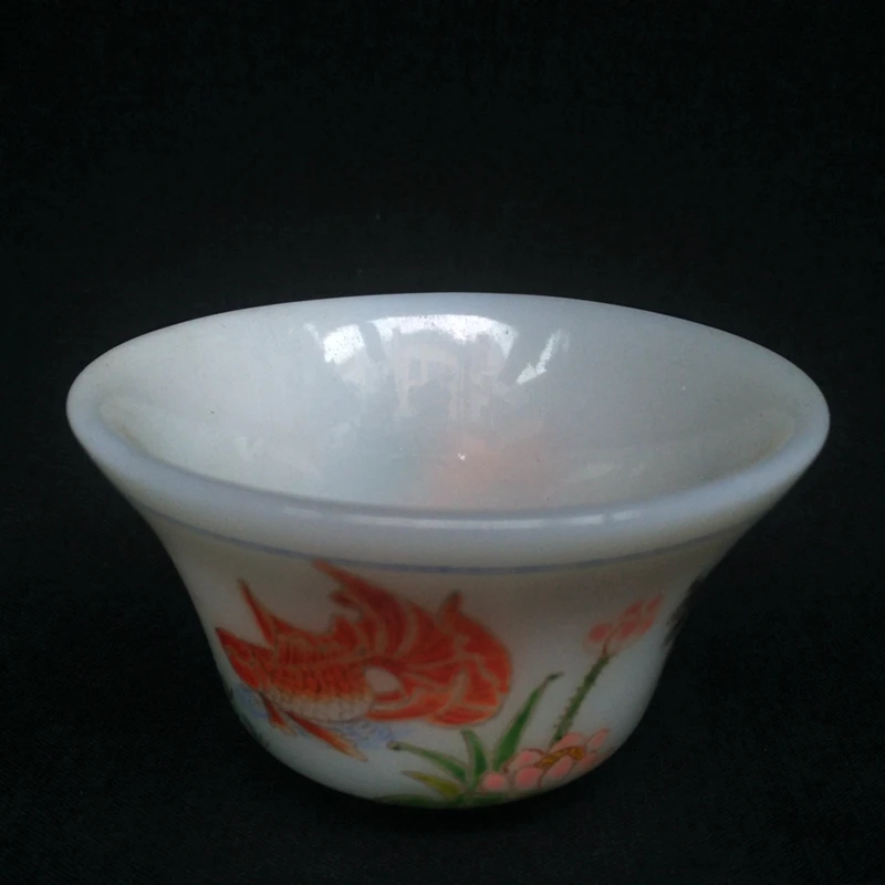 YIZHU CULTUER ART Diameter 89 mm Chinese Old Beijing Glaze Painting Fish Lotus Water Washing Cup Bowl