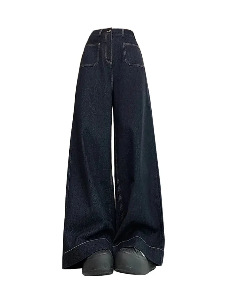 กางเกงยีนส์ฮิปฮอปไซเบอร์แบบเรียบง่ายเอวสูงสีดำกางเกงขาม้า MODE Korea แบบกอธิค