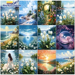 PhotoCustom-Painting by Number Flower Landscape, zestawy DIY, płótno Diy Frame, obraz olejny, rysunek, kolorowanie, farba akrylowa prezent