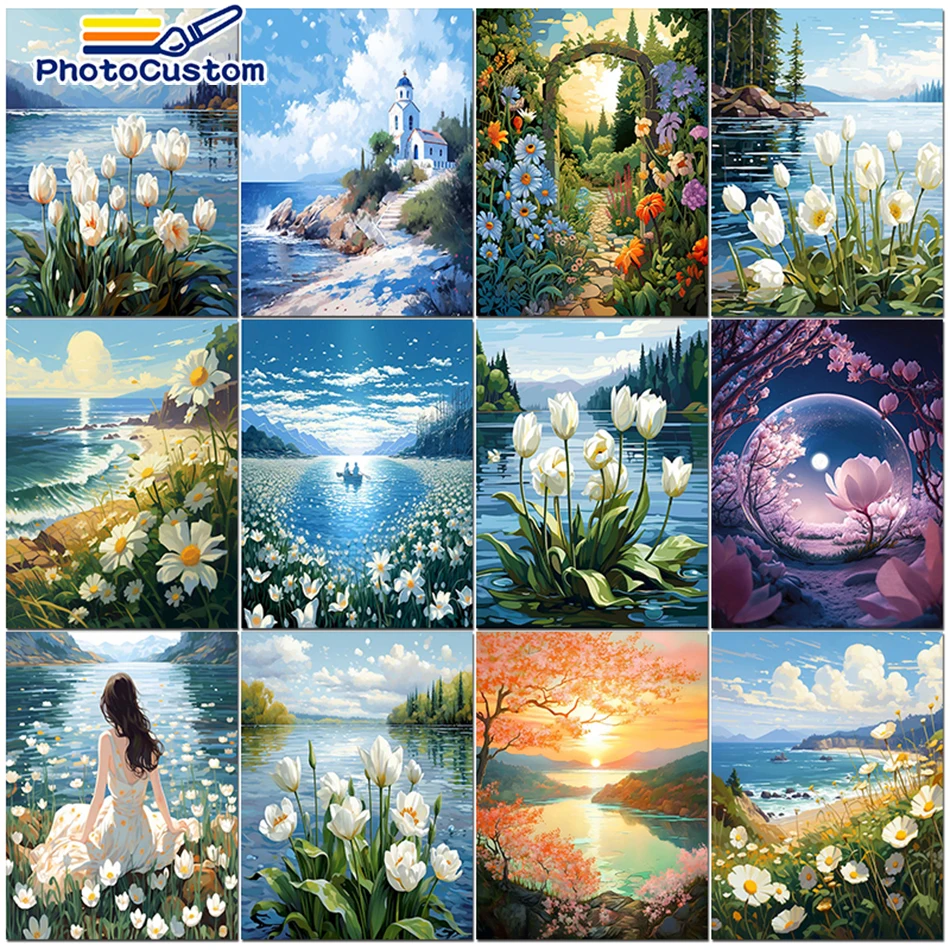 PhotoCustom Painting by Number Flower Landscape DIY Kits Canvas Diy Frame Oil Picture Drawing Coloring Acrylic