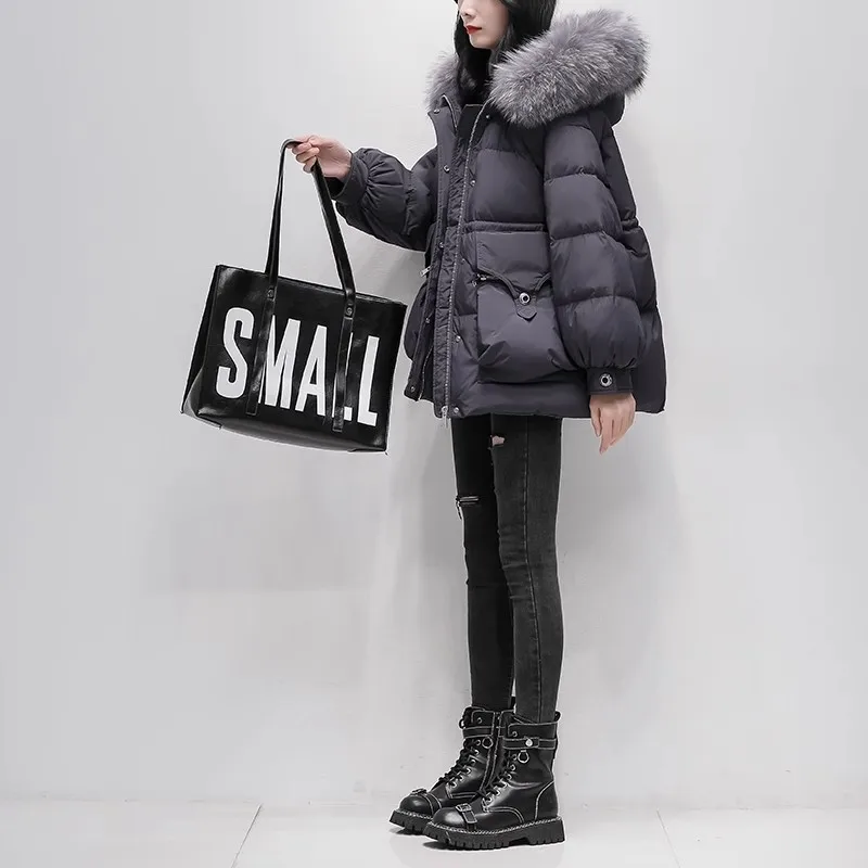 Real fur collar Short Down Jacket Women 2023 Winter New Warm Parkas Fashion Hooded White duck down Coat  Female Loose Overcoat