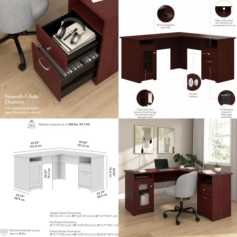 

60-inch Harvest Cherry L-Shaped Desk with Storage for Home or Office Workspace