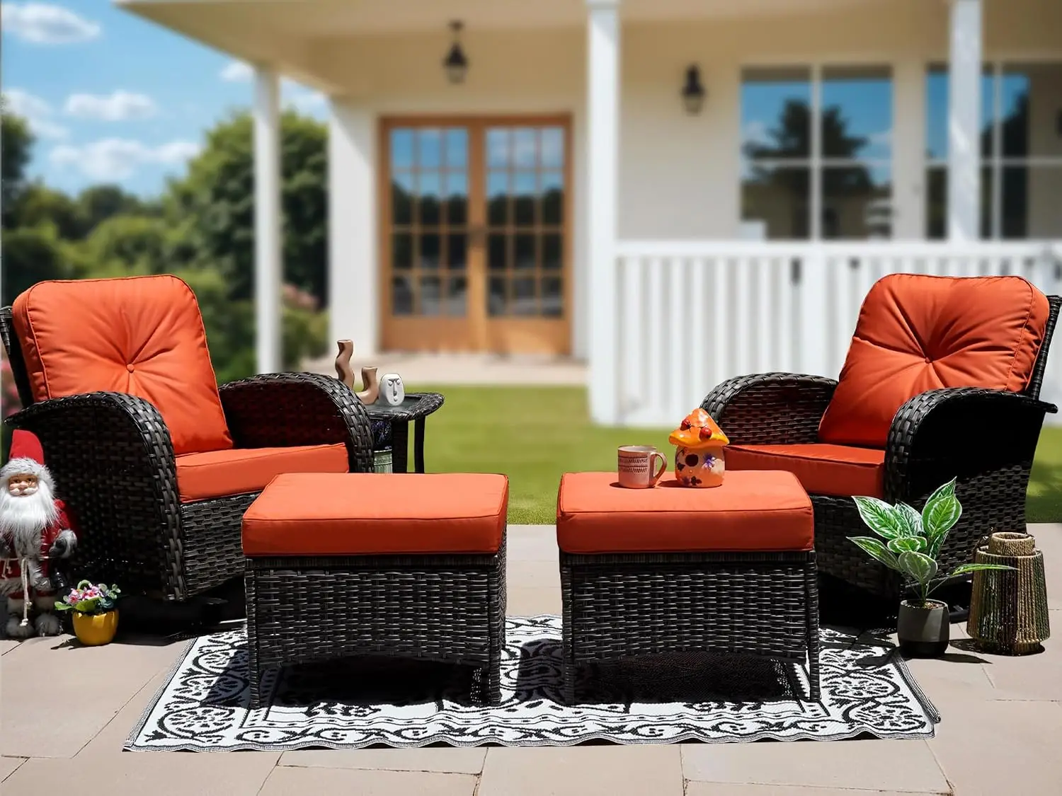 5 Piece Outdoor Wicker Patio Set With Swivel Glider Rocking Chairs & Ottomans Coffee Table For Backyard Deck Balcony, Customized