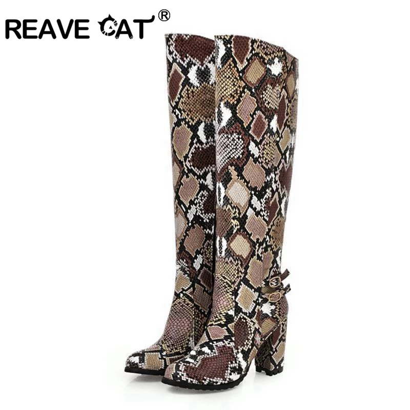 REAVE CAT Women Knee Boots Round Toe Pattern Hight Heels Thick Heel Side Print Big size 34-43