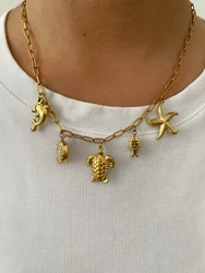 Peri'sbox New Trendy Gold Plated Starfish Conch Dolphin Turtle Fish Pendant Necklace for Women Summer Beach Party Unique Jewelry