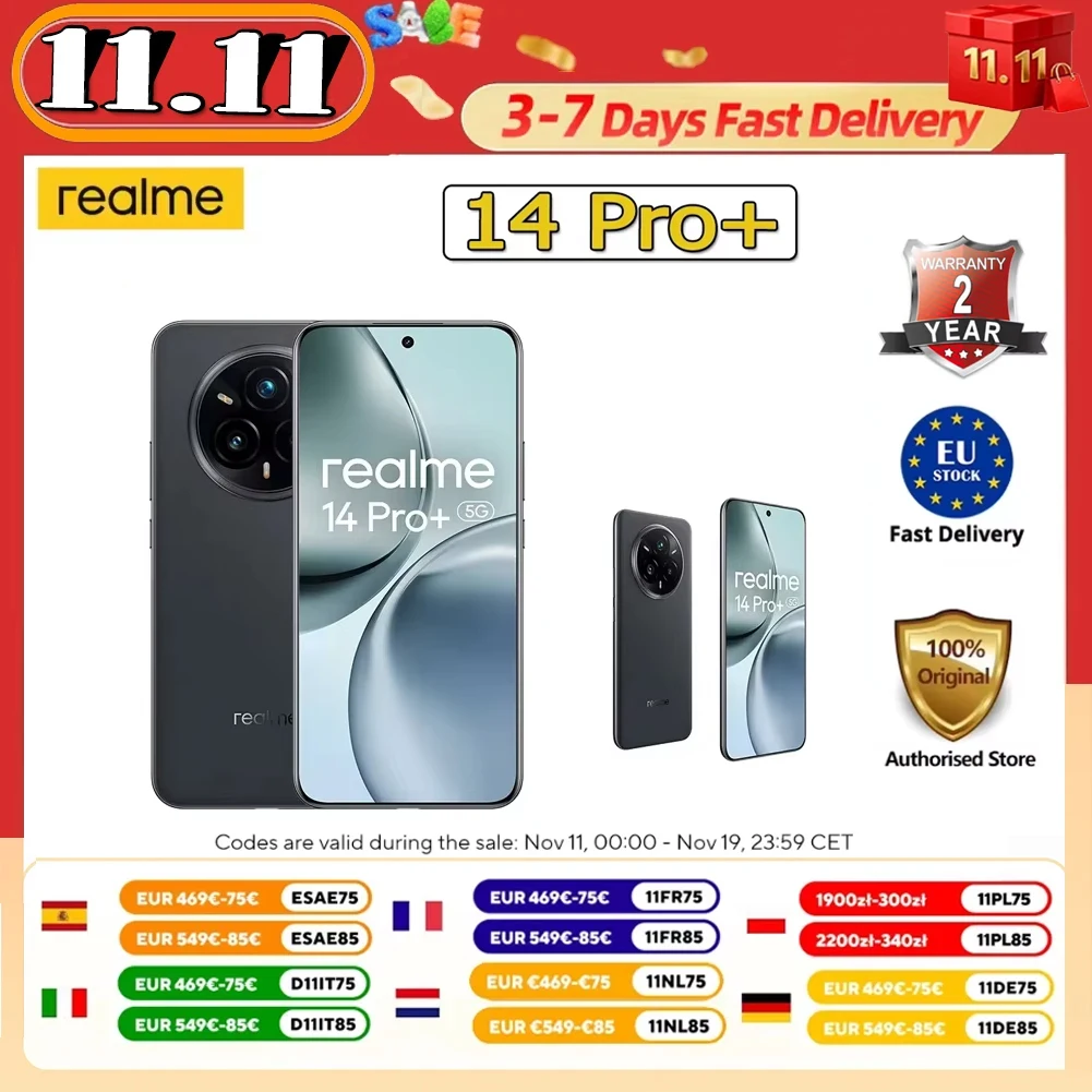Realme 14 Pro + 5g Smartphone 6000Mah 12Gb Ram 512Gb Rom 6.83 affichage Amoled incurv 50Mp Sony Imx896 Ois 50Mp camra arrire priscope