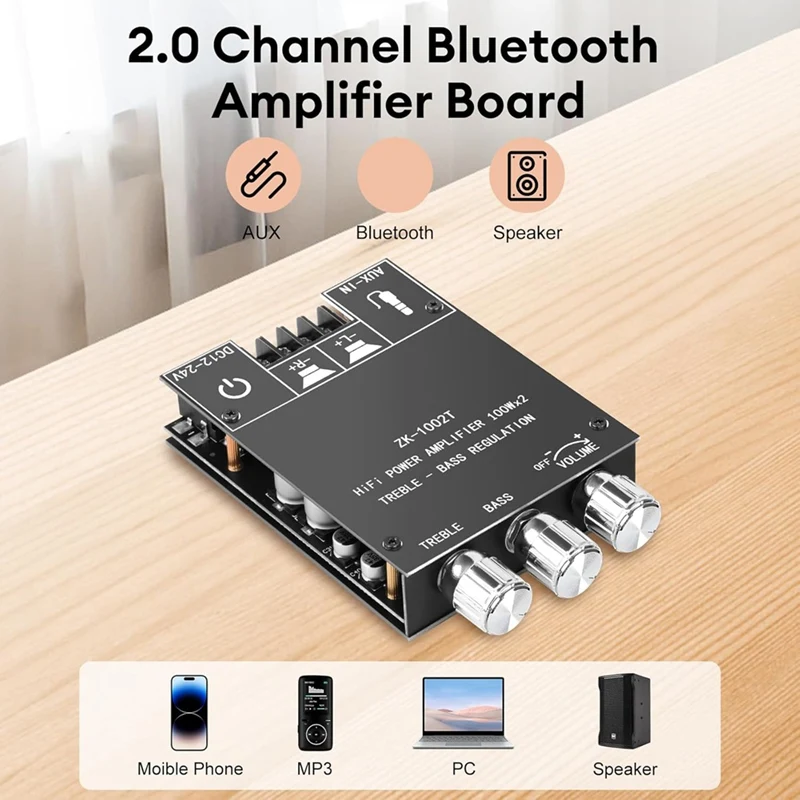 ZK-1002T Bluetooth Amp Board, 100W+100W Dual Channel With Treble & Bass Control, DC 12-24V