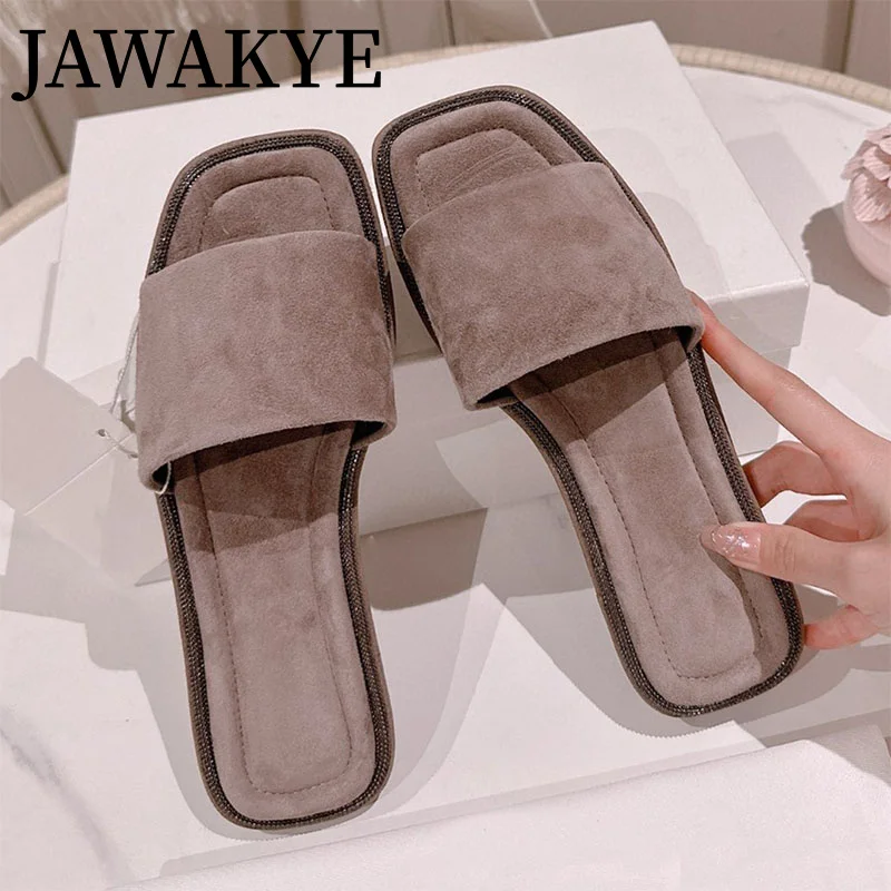 2023 Summer Leather Flat Slippers Women Round Open Toe Popular Brand Suede Mules Flat Shoes Luxury Casual Home Shoes Mujer