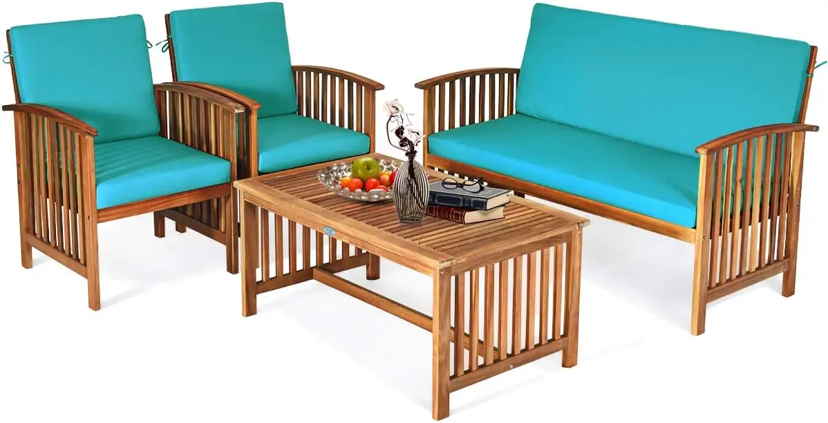 Outdoor 4 PCS Acacia Wood Sofa Set w/Water Resistant Cushions, Padded Patio Seating Chat Set w/Coffee Table for Garden