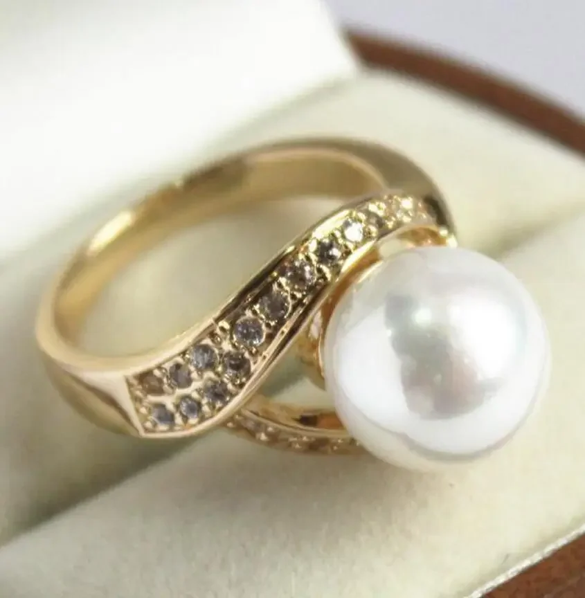 noble lady's 18KGP with crystal decorated &12mm white shell pearl ring(#7 8 9 10)