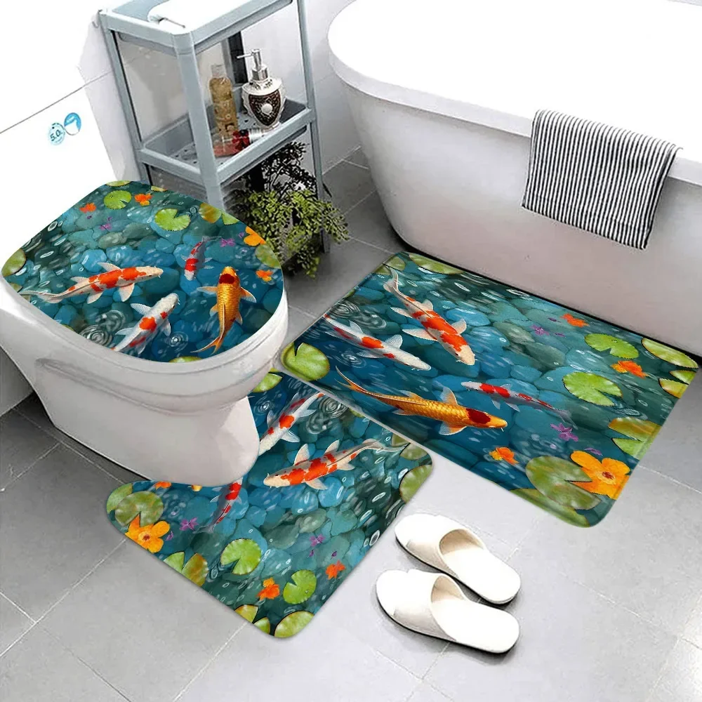 Koi Fish Lotus Bathroom Rug Set Flower Green Lotus Leaf Japanese Lotus Pond Carp Flower Leaf Asian Oriental Scenery Bath Mat Set