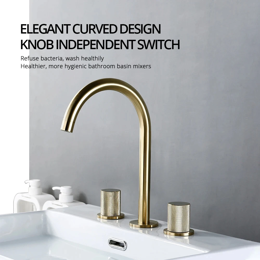 Brushed Gold Basin Faucet Hot And Cold Tap Bathroom Knurling Design Double Handle Desk Mounted Sink Mixer 360° Rotation Spout