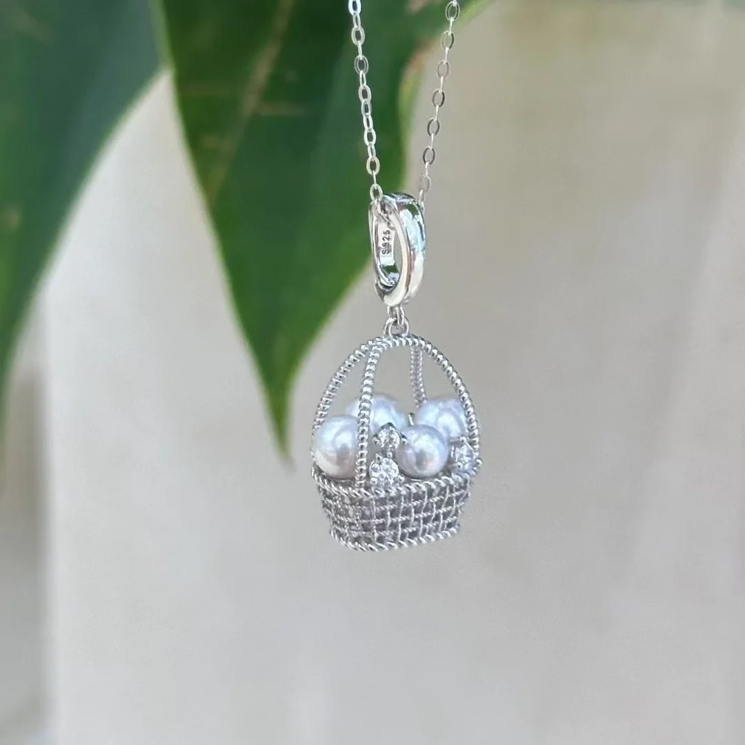 

Unique 925 Sterling Silver Set 3 - 5mm Flawless Round Aurora Freshwater Akoya Pearls Basket Pendant Chain Necklace Niche Jewelry