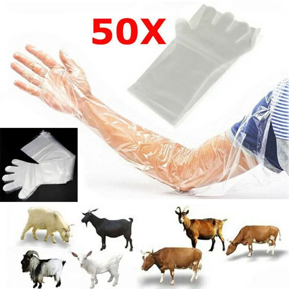 50Pcs Disposable Long Arm Film Farm Glove Veterinary Examination Vet Plastic Gloves For Rectal Examination Harmless