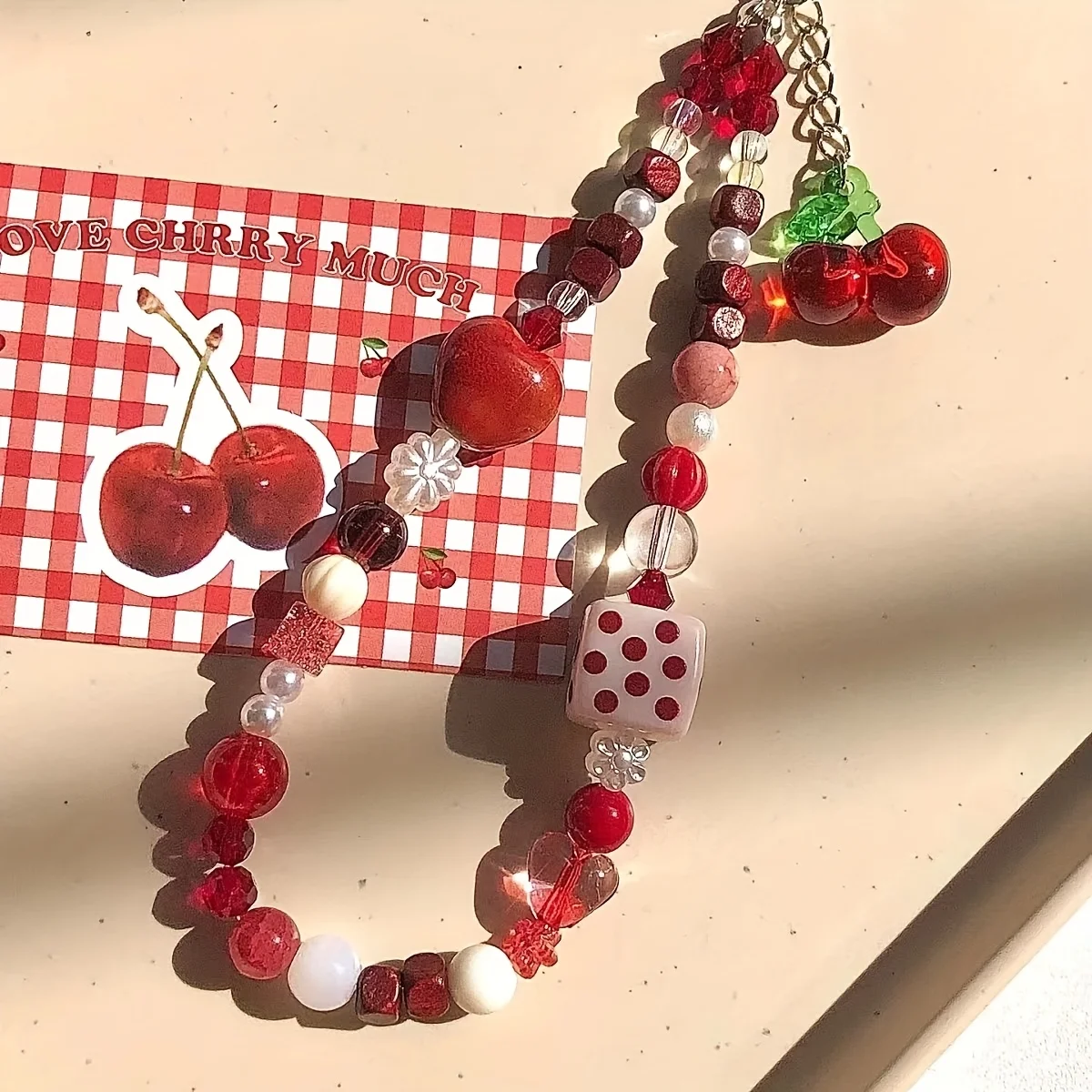 Cherry phone accessory lanyard, red and white beads, suitable for decorating cameras and phones, girls' phone accessory