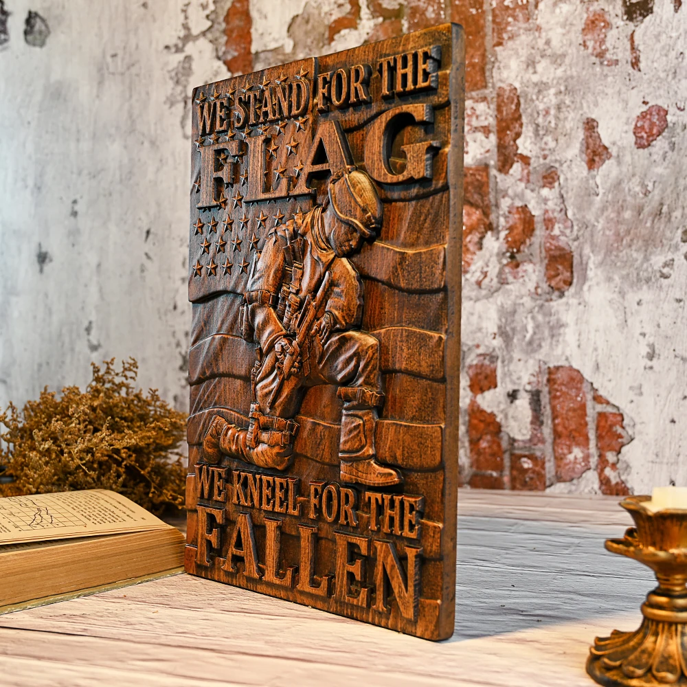 Hand Carved Patriotic Wood Relief Panel Kneeling Soldier American Flag Wall Art We Stand For The Flag We Kneel For The Fallen Ve
