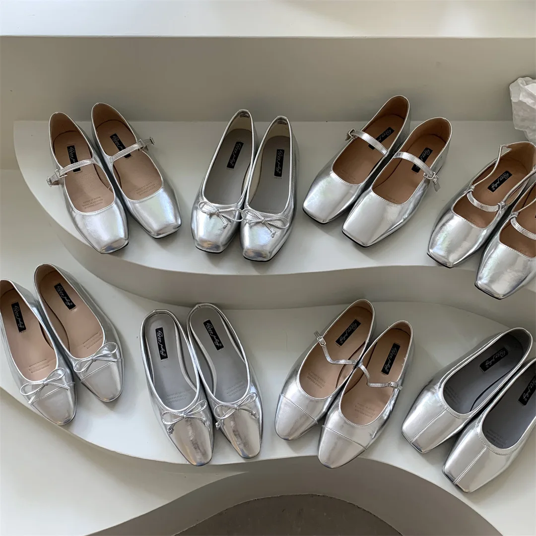 Zapatos planos de lujo para mujer, zapatillas de Ballet plateadas, calzado francés Mary Jane de tacón alto, otoño, 2023