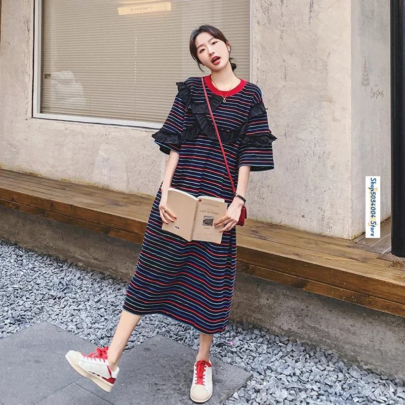 

Ruffles Spliced Loose Stripe Dress for Women Summer Elegant Sweet Short Sleeve O-neck Korean Style Straight Maxi Dresses 88822