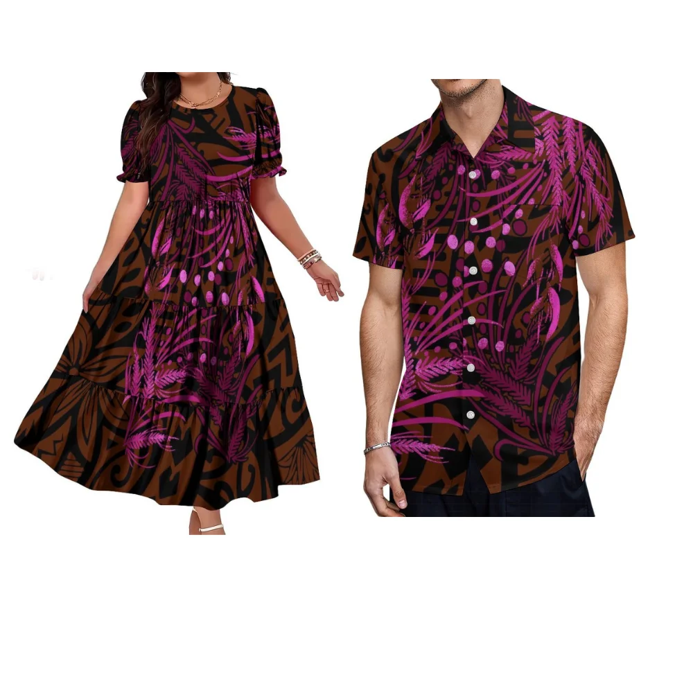 Tribal Pattern Design Customized Polynesian Casual Couple Outfit Bubble Sleeves And Waist-Hugging Cake-Style Skirt Men'S Shirt