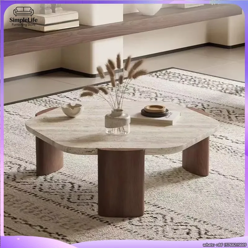 

Hexagonal Coffee Table for Living Room Natural Marble Top Solid Wood Frame Farmhouse Style Wabi Sabi Vintage Design