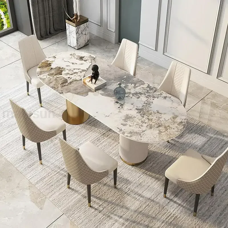 Designed Rectangle Table With Glossy Rock Slab Desktop Luxury Fashionable Home Furniture Round Corner 1.6m Table For Dining Room