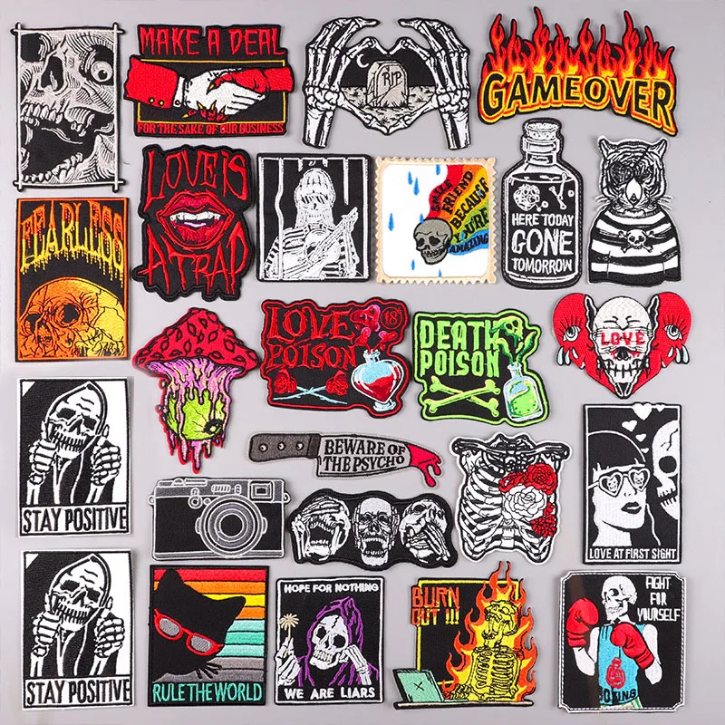 Punk Patch Dinsaur Embroidery Patch Iron On Patches For Clothing Thermoadhesive Patches On Clothes Skull Sewing Applique Badges