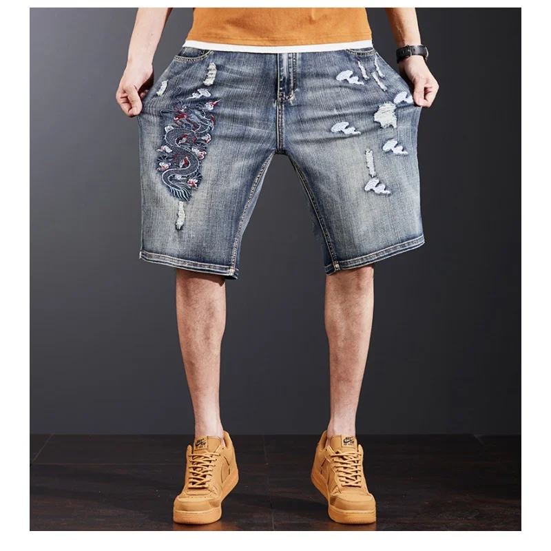 2024 New Chinese Dragon Embroidered Denim Shorts Men's Loose Hole plus Size Retro Washed Street Shorts