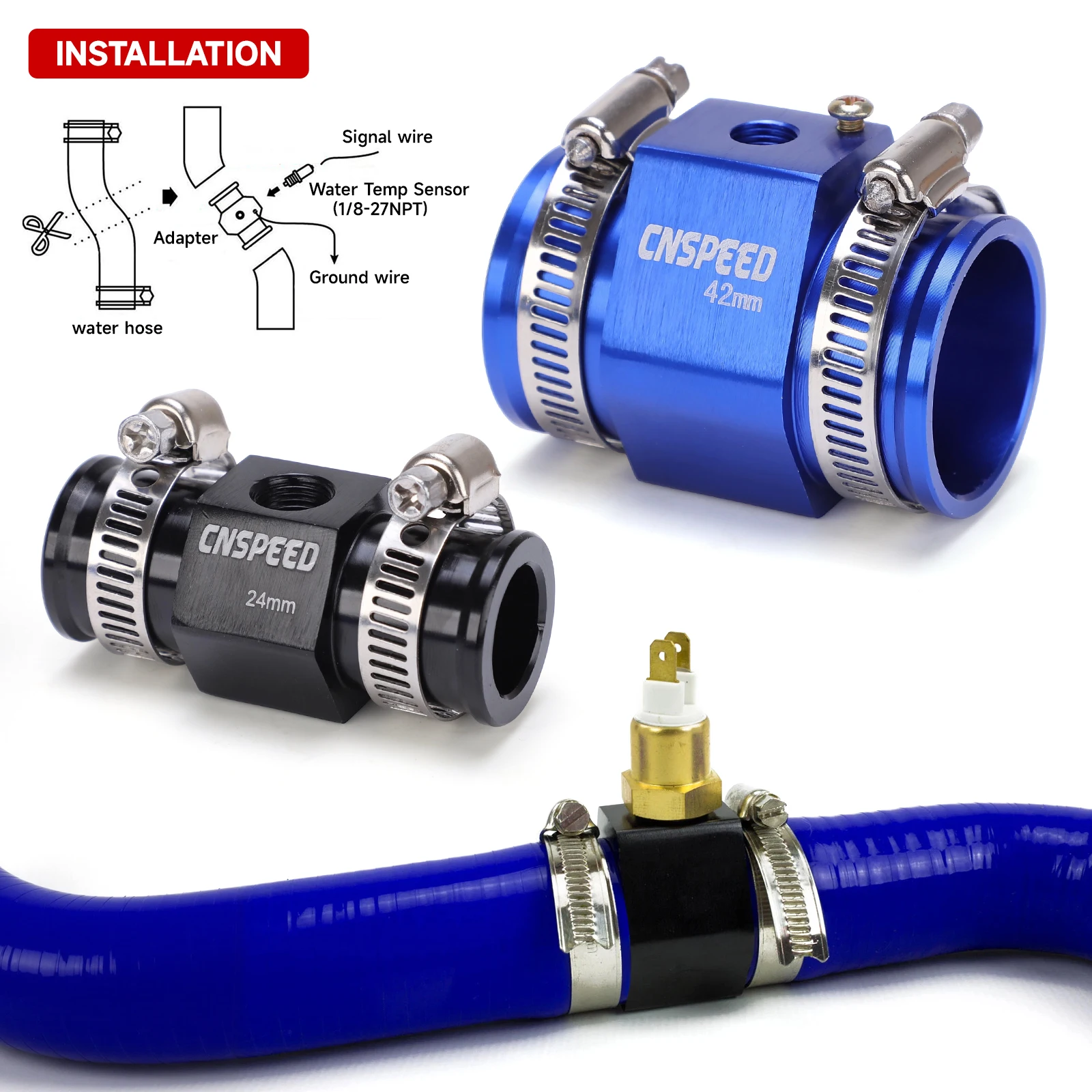 For 1/8NPT Aluminium 18 20 22 30 32 34 36 38 40 42mmRadiator Hose Adapter Car Silicone Hose Cooling Water Adapter Hose BlackBlue