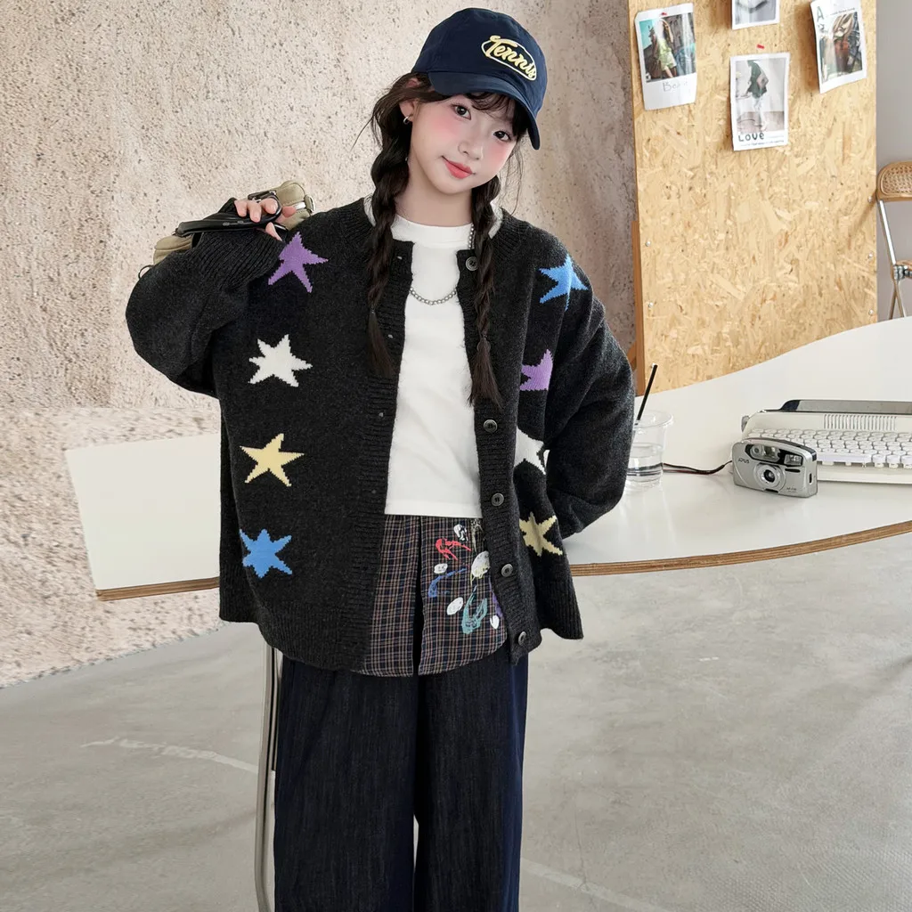 Girls Knit Cardigan Autumn Colorful Star Gray Children Sweater 2026 Warm Versatile Soft