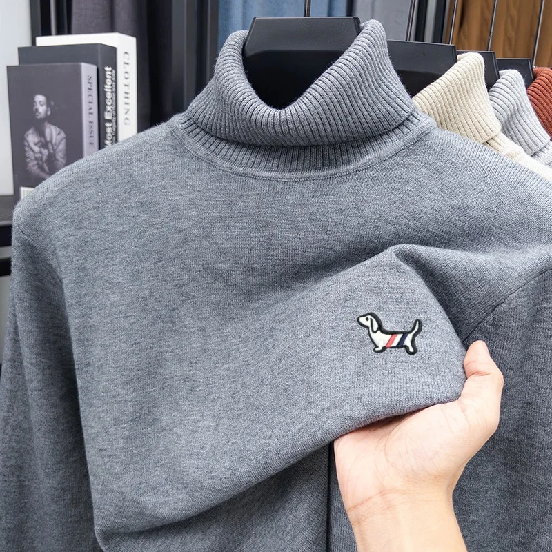 Herren-Pullover mit hohem Kragen, gestrickt, langärmelig, luxuriöser Markenpullover mit Hundestickerei, warmes, vielseitiges Freizeitoberteil für Herbst und Winter. – Detail 20