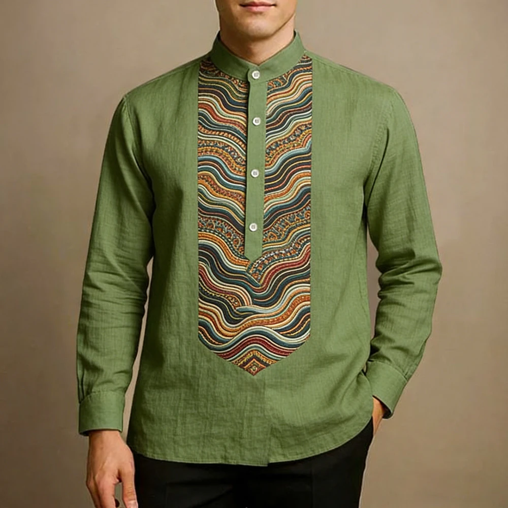 

Men's Long-sleeved Linen Gray Gradient Shirt Ethnic Rural Totem Pattern 3D Printed Shirt Hawaiian Outdoor Men's Clothing for You