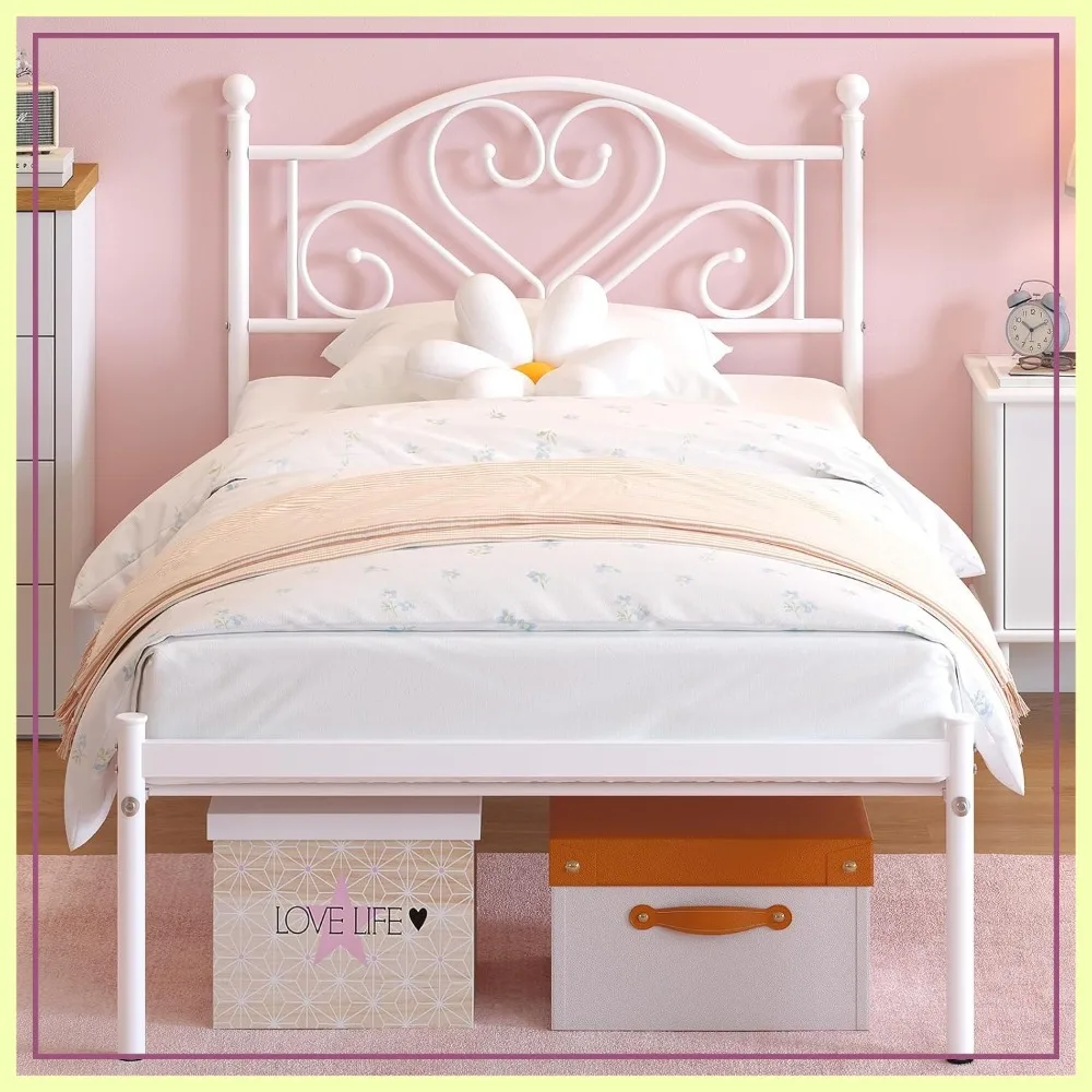 

Twin Bed Frame with Headboard, Heavy Duty Metal Platform, Under Bed Storage, Easy Assembly, White