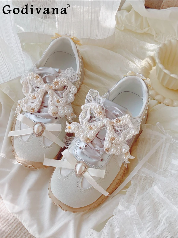 

2025 Summer New Japanese Original Sweet Lady Platform Sneakers Fairy Bow Ribbon Retro Girl Round Head Casual Shoes