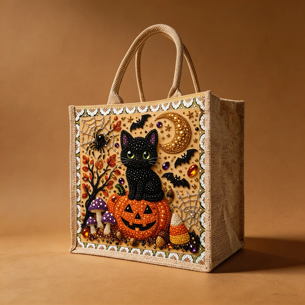 Halloween Shopping Tote Bag DIY Diamond Painting Pearl Rhinestone Jute Handbag Reusable Grocery Bag Trick or Treat Gift Bag