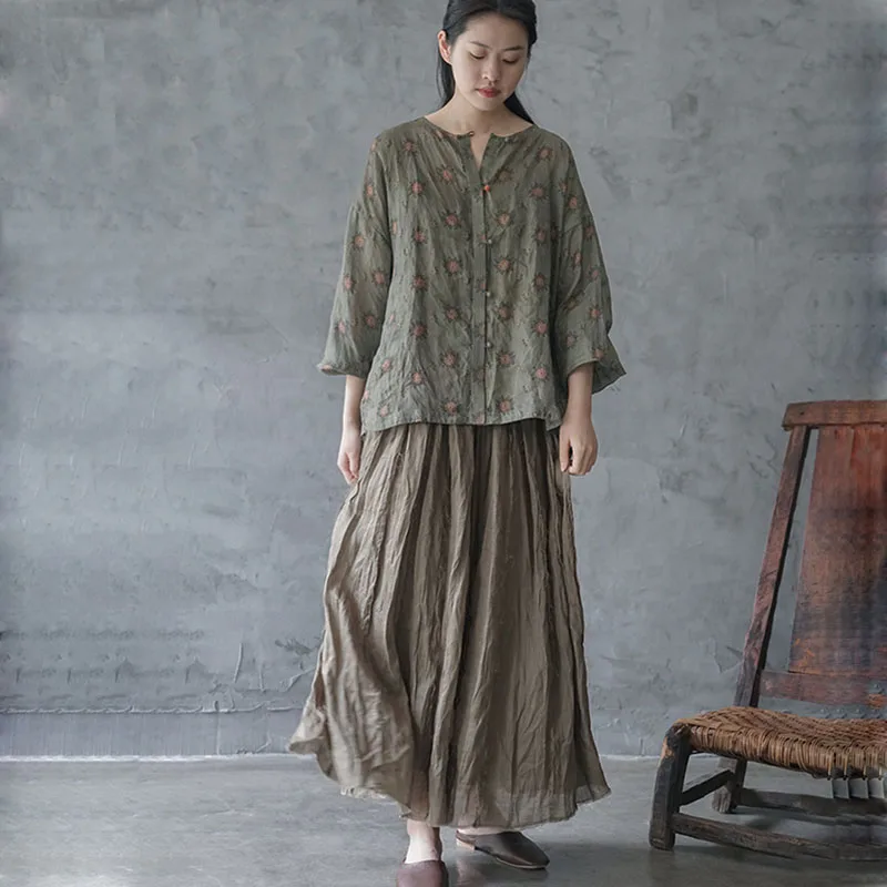 

Pastoral Style Ramie Printed Long Sleeve Shirt Women Literary Simple Loose Single Breasted Round Neck Light Jacket Spring Summer