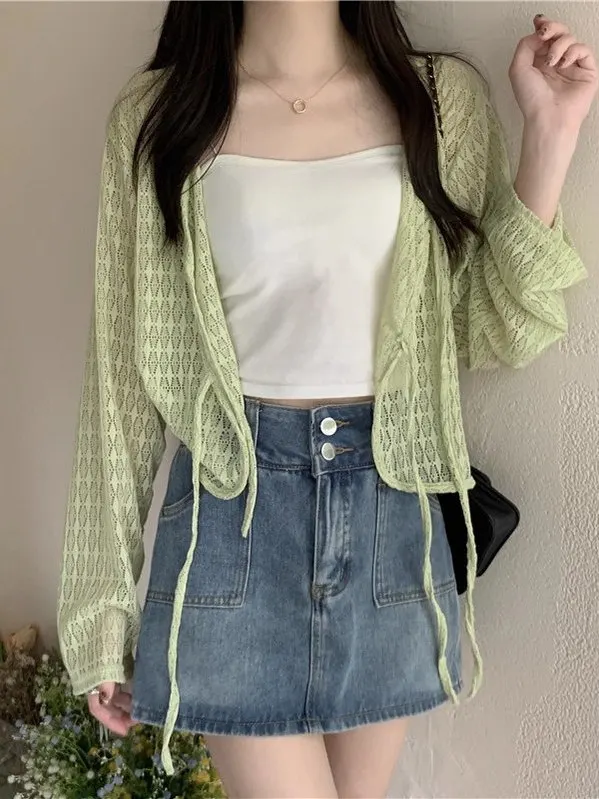 Top d'été pour femme, design tendance, en dentelle anti-UV, manches longues, col en V, style coréen, cardigan ouvert en gaze, ...