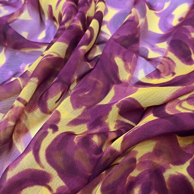 Fashion Brand Abstract Purple Rose Flower Printed Crepe Chiffon Fabric For Women Dress Blouse Handmade DIY Cloth Sewing Material