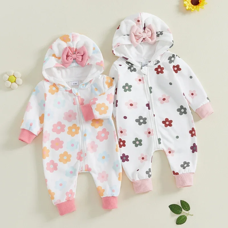 

Infant Baby Boy Girl Hooded Fleece Jumpsuit Newborn Long Sleeve Flower Print Cute Ear Warm Romper Winter Clothes