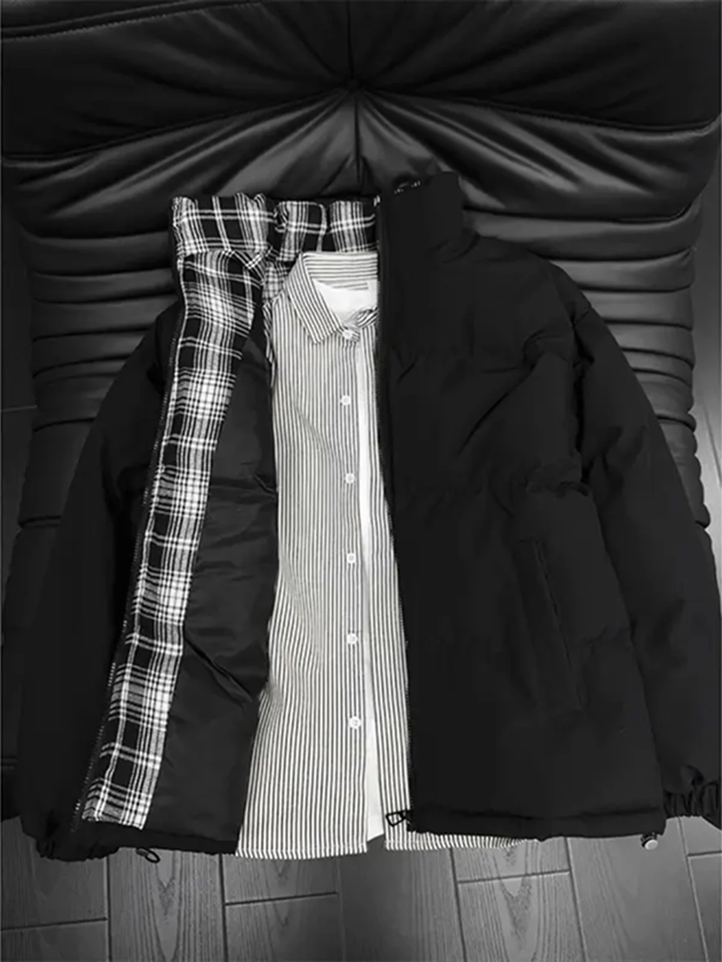 

American Sle Men's Bla down Cotton Jaet Winter Che Splicing High-End Feeling Stand Collar Bread Coat Warmth Outerwear