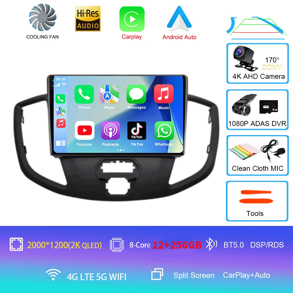 Android 16 Draadloze Carplay & Auto WIFI + 4G voor Ford Transit 2015 2016 2017 2018 autoradio multimediaspeler stereo 2D